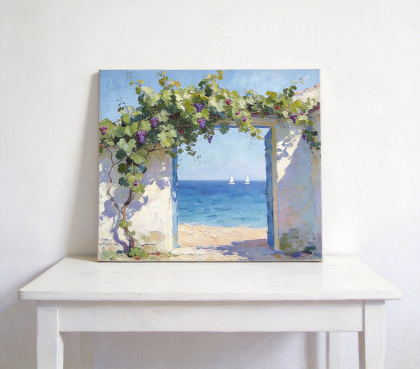 Original Small Paintings, Seaside Cottage Under the Grape Canopy, Hand Painted Canvas Art, Small Canvas Wall Art Paintings, Original Oil Paintings-HomePaintingDecor