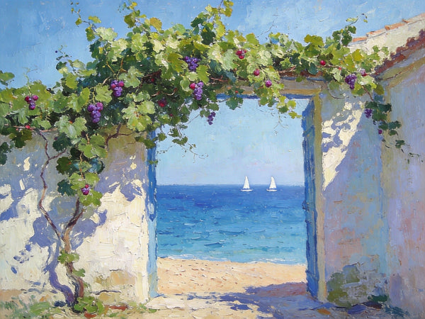 Original Small Paintings, Seaside Cottage Under the Grape Canopy, Hand Painted Canvas Art, Small Canvas Wall Art Paintings, Original Oil Paintings-HomePaintingDecor