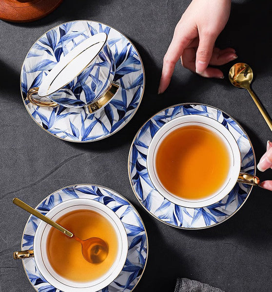 Unique British Tea Cup and Saucer in Gift Box, Blue Porcelain Tea Cup Saucer Set, 7.4 oz British Ceramic Coffee Cups-HomePaintingDecor