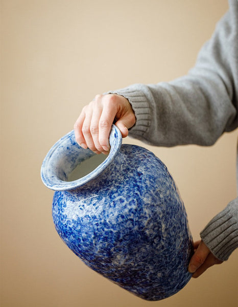 Modern Pottery Flower Vases, Handmade Water Holding Flower Vases, Centerpiece on Dining Table, Blue Pottery Bud Vases, Large Flower Vases on Table-HomePaintingDecor