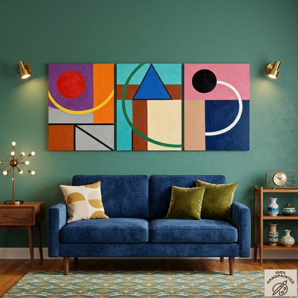 Abstract Geometric Contemporary Artwork, Modern Paintings for Mid Century Living Room, Multi Panel Canvas Art