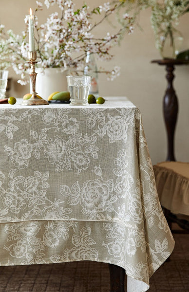French Flower Pattern Tablecloth for Round Table, Vintage Rectangle Tablecloth for Dining Room Table, Rustic Farmhouse Table Cover for Kitchen-HomePaintingDecor