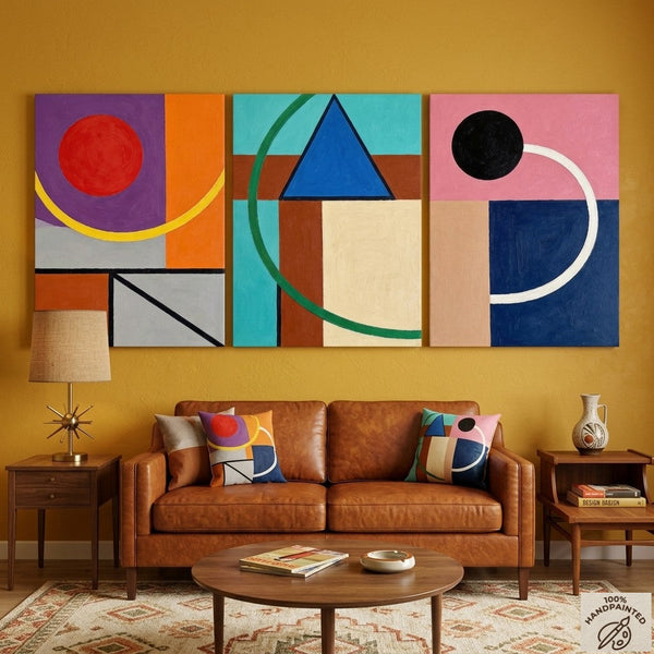 Abstract Geometric Contemporary Artwork, Modern Paintings for Mid Century Living Room, Multi Panel Canvas Art