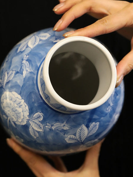 Centerpiece Ceramic Bouquet Vases, Handmade Modern Flower Vase, Large Flower Vases on Dining Table, Blue Porcelain Flower Vases-HomePaintingDecor