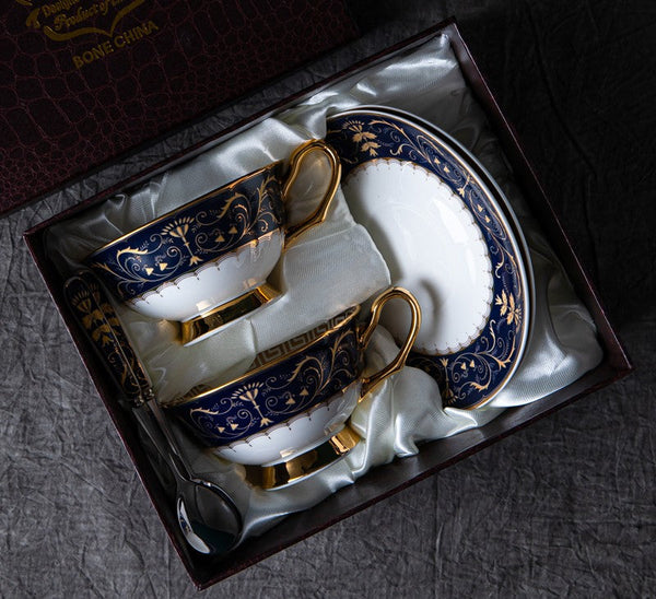 Unique Blue Tea Cup and Saucer in Gift Box, Blue Bone China Porcelain Tea Cup Set, Royal Ceramic Cups, Elegant Ceramic Coffee Cups-HomePaintingDecor