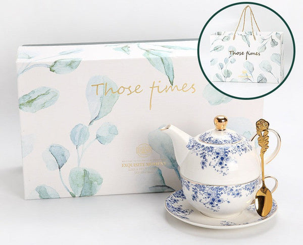 British Style Porcelain Teapot with Matching Cup and Saucer in Gift Box, Ceramic Tea Pot with Integrated Cup, Stackable Teapot and Cup Set, Mother-and-Baby Teapot with Matching Saucer-HomePaintingDecor