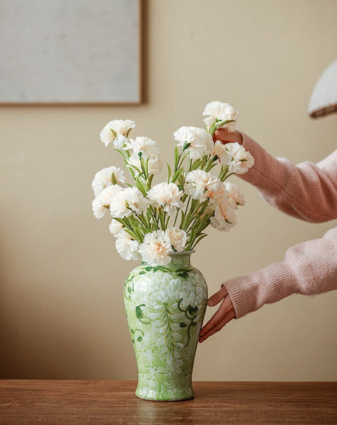 Large Flower Vases on Table, Green Porcelain Flower Vases, Centerpiece Ceramic Bud Vases, Handmade Water Holding Flower Vase-HomePaintingDecor
