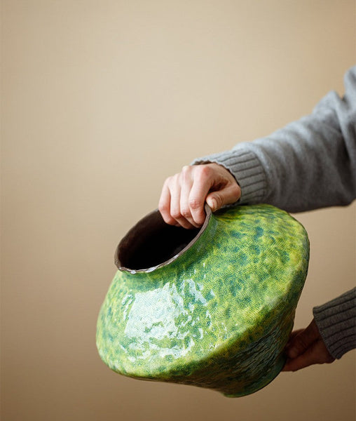 Modern Pottery Flower Vases, Handmade Water Holding Flower Vases, Pottery Bud Vases, Large Green Flower Vases on Table, Centerpiece on Dining Table-HomePaintingDecor