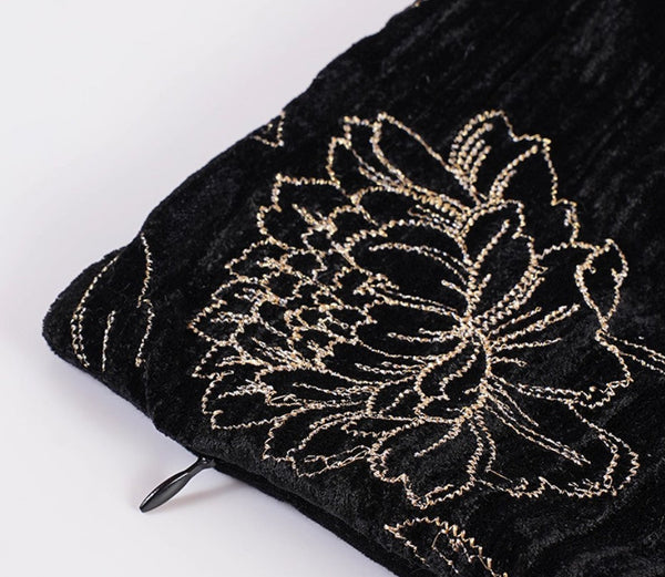 Contemporary Modern Sofa Pillows, Black Embroidery Flower Pattern Pillows for Couch, Decorative Throw Pillows for Bedroom, Large Modern Sofa Pillow for Dining Room-HomePaintingDecor