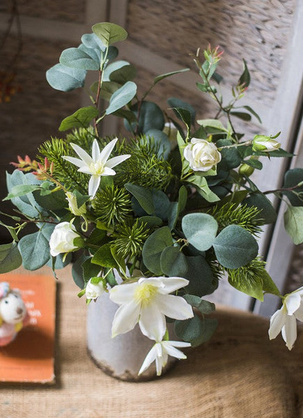 Eucalyptus Globulus, Clematis, White Rose Flowers, Unique Flower Arrangement for Home Decoration, Beautiful Modern Artificial Flowers for Dining Room Table-HomePaintingDecor
