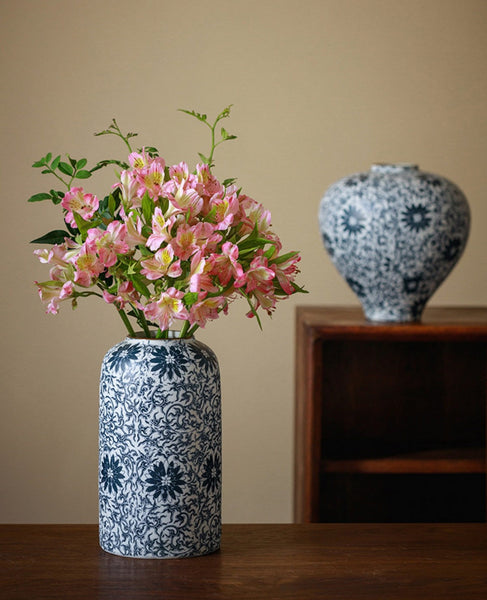 Vintage Bouquet Flower Vases, Centerpiece on Dining Table, Large Blue Flower Vase on Table, Handmade Porcelain Flower Vases Urn, Water Holding Flower Vases-HomePaintingDecor