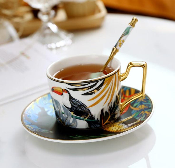 Elegant Tea Cup and Saucer, Jungle Toucan Pattern Porcelain Coffee Cups, 7.4 oz Coffee Cups with Gold Trim and Gift Box-HomePaintingDecor