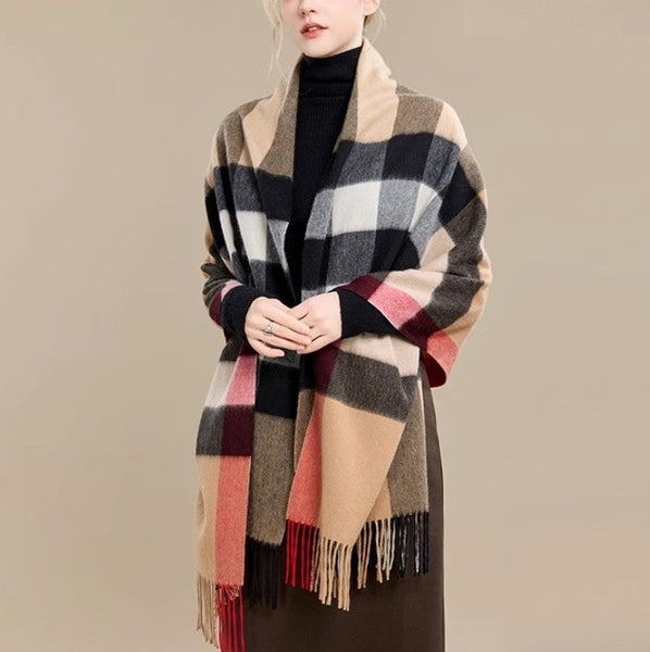 Long Wool Scarf, Soft Wool Scarf for Women, Checkered Fashion Scarf, Warm Cape, Gifts for Her, Evening Wrap, Christmas Gift, Winter Shawl, Elegant Shawl