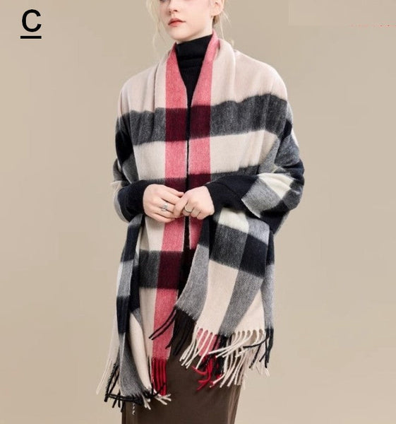 Checkered Fashion Scarf, Warm Cape, Gifts for Her, Long Wool Scarf, Soft Wool Scarf for Women, Evening Wrap, Christmas Gift, Winter Shawl, Elegant Shawl-HomePaintingDecor