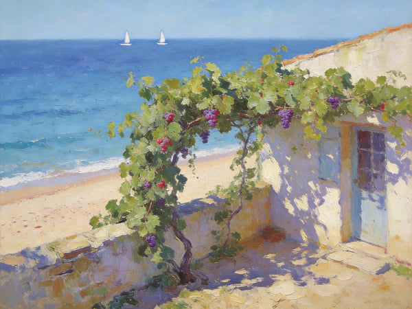 Original Landscape Paintings, Summer Glow on the Vine-Covered Terrace, Hand Painted Canvas Art, Seashore Beach Painting, Small Canvas Wall Art Paintings, Buy Art Online, Original Oil Paintings