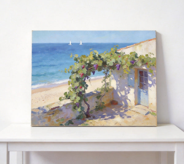 Original Landscape Paintings, Summer Glow on the Vine-Covered Terrace, Hand Painted Canvas Art, Seashore Beach Painting, Small Canvas Wall Art Paintings, Buy Art Online, Original Oil Paintings-HomePaintingDecor