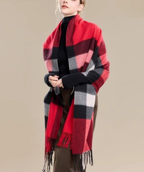 Checkered Fashion Scarf, Warm Cape, Gifts for Her, Long Wool Scarf, Soft Wool Scarf for Women, Evening Wrap, Christmas Gift, Winter Shawl, Elegant Shawl-HomePaintingDecor