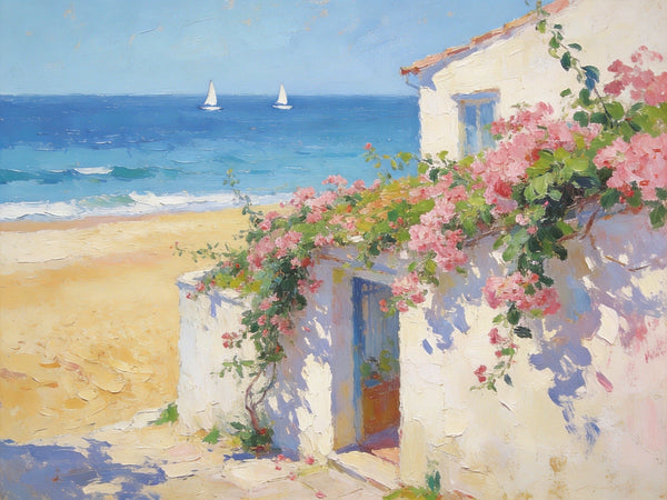 Original Small Paintings, Sunlit Seaside Cottage with Bougainvillea, Seashore Beach Painting, Hand Painted Canvas Art, Small Canvas Wall Art Paintings, Original Oil Paintings-HomePaintingDecor