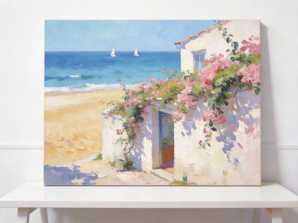 Original Small Paintings, Sunlit Seaside Cottage with Bougainvillea, Seashore Beach Painting, Hand Painted Canvas Art, Small Canvas Wall Art Paintings, Original Oil Paintings-HomePaintingDecor