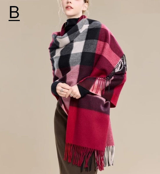 Checkered Fashion Scarf, Warm Cape, Gifts for Her, Long Wool Scarf, Soft Wool Scarf for Women, Evening Wrap, Christmas Gift, Winter Shawl, Elegant Shawl-HomePaintingDecor