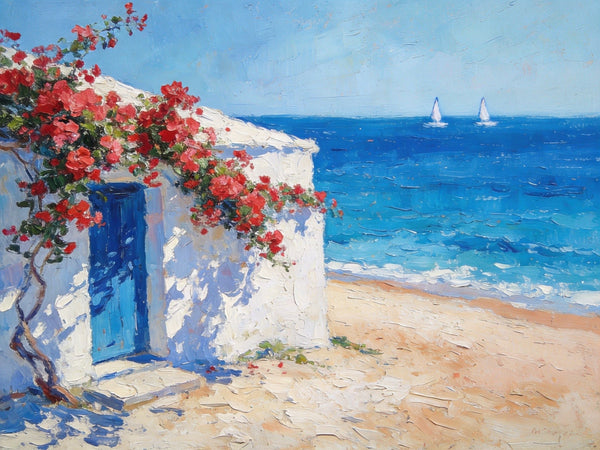 Bougainvillea by the Turquoise Shore, Original Small Paintings, Seashore Beach Painting, Hand Painted Canvas Art, Small Canvas Wall Art Paintings, Original Oil Paintings