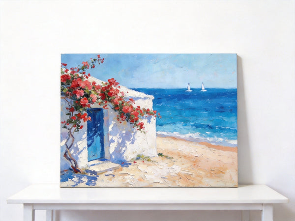 Bougainvillea by the Turquoise Shore, Original Small Paintings, Seashore Beach Painting, Hand Painted Canvas Art, Small Canvas Wall Art Paintings, Original Oil Paintings