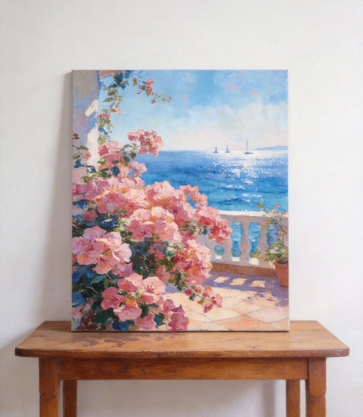 Terrace Blooms and Distant Sails, Original Landscape Paintings, Small Canvas Wall Art Paintings, Original Oil Paintings, Hand Painted Canvas Art