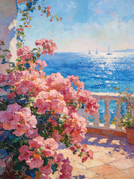Terrace Blooms and Distant Sails, Original Landscape Paintings, Small Canvas Wall Art Paintings, Original Oil Paintings, Hand Painted Canvas Art-HomePaintingDecor