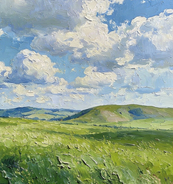 Small Wall Paintings, Grassy Hills Under a Cloudy Sky, Landscape Artwork, Original Small Paintings, Small Oil Paintings, Original Small Paintings-HomePaintingDecor
