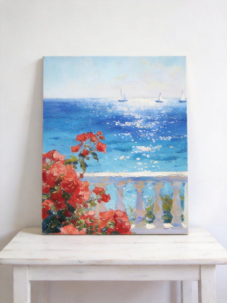 Tranquil Noon at the Coastal Bougainvillea Nook, Hand Painted Canvas Art, Original Landscape Paintings, Small Canvas Wall Art Paintings, Original Oil Paintings-HomePaintingDecor