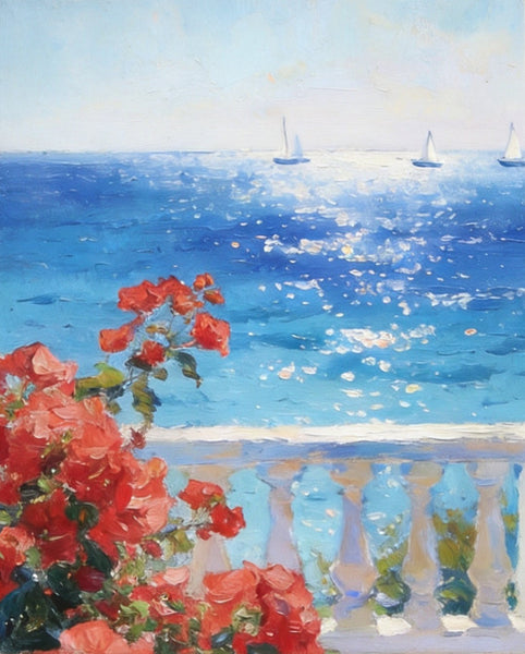 Tranquil Noon at the Coastal Bougainvillea Nook, Hand Painted Canvas Art, Original Landscape Paintings, Small Canvas Wall Art Paintings, Original Oil Paintings