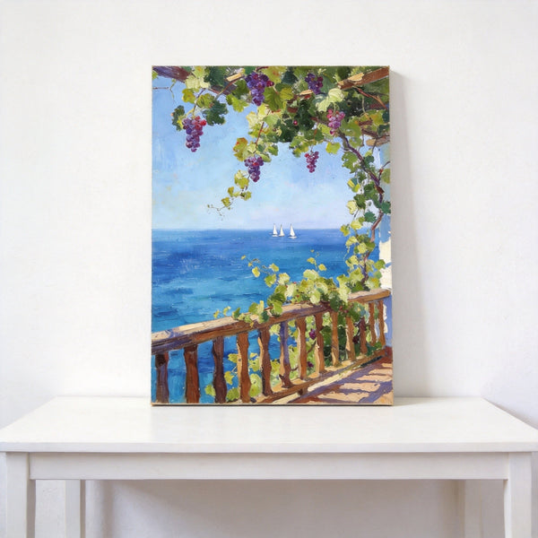 Original Landscape Paintings, Seaside Terrace Under the Grape Canopy, Hand Painted Canvas Art, Small Canvas Wall Art Paintings, Original Oil Paintings