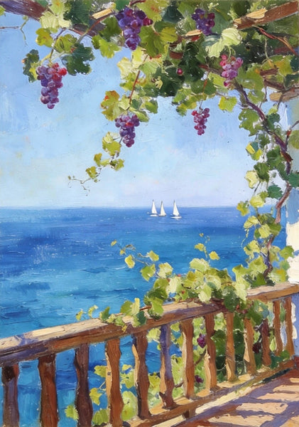 Original Landscape Paintings, Seaside Terrace Under the Grape Canopy, Hand Painted Canvas Art, Small Canvas Wall Art Paintings, Original Oil Paintings