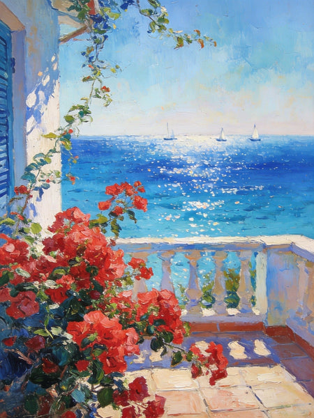 Original Landscape Paintings, Summer Glow on the Flowered Balcony, Small Canvas Wall Art Paintings, Original Oil Paintings, Hand Painted Canvas Art-HomePaintingDecor