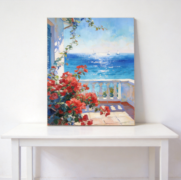 Original Landscape Paintings, Summer Glow on the Flowered Balcony, Small Canvas Wall Art Paintings, Original Oil Paintings, Hand Painted Canvas Art
