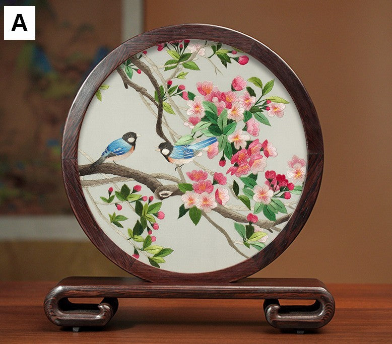 Creative Birthday Gift, Flower and Birds Embroidery Ornaments, Traditional Chinese Suzhou Silk Embroidered Ornament, Premium Souvenir, Exclusive Business Presents-HomePaintingDecor