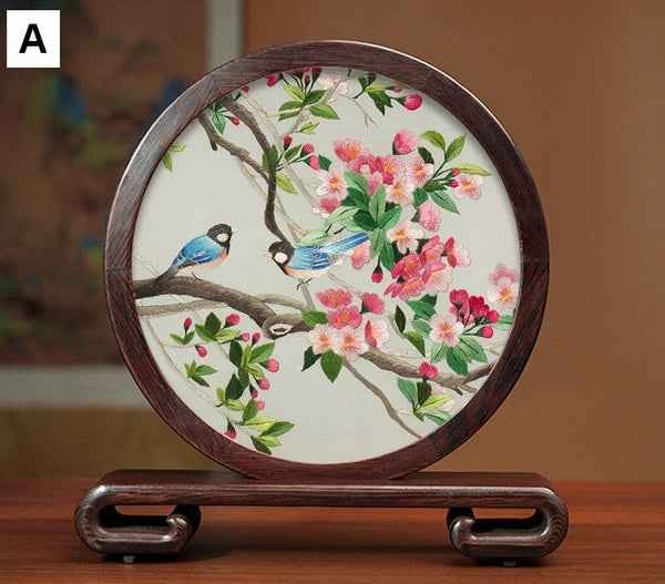 Creative Birthday Gift, Flower and Birds Embroidery Ornaments, Traditional Chinese Suzhou Silk Embroidered Ornament, Premium Souvenir, Exclusive Business Presents-HomePaintingDecor