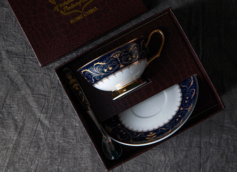 Unique Blue Tea Cup and Saucer in Gift Box, Blue Bone China Porcelain Tea Cup Set, Royal Ceramic Cups, Elegant Ceramic Coffee Cups-HomePaintingDecor
