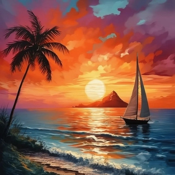 Simple Small Canvas Paintings, Original Small Landscape Paintings, Hawaii Seashore Beach Palm Tree Sunset Painting, Heavy Texture Acrylic Artwork, Easy Landscape Painting Ideas-HomePaintingDecor