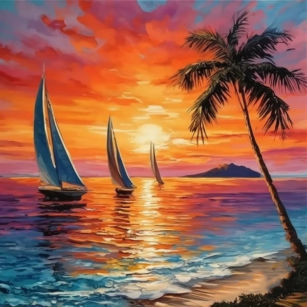 Original Small Landscape Paintings, Hawaii Seashore Sail Boat Palm Tree Painting, Beach Sunset Painting, Heavy Texture Acrylic Artwork, Easy Landscape Painting Ideas, Simple Small Canvas Paintings-HomePaintingDecor