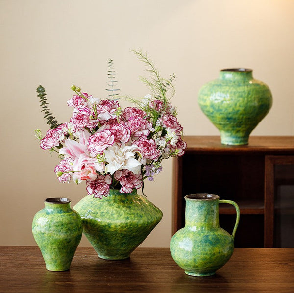 Centerpiece on Dining Table, Modern Pottery Flower Vases, Handmade Water Holding Flower Vases, Pottery Bud Vases, Large Green Flower Vases on Table-HomePaintingDecor