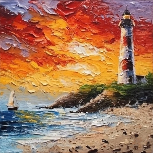 Small Hand Painted Art, Seashore Lighthouse Sunset Painting, Heavy Texture Canvas Artwork, Easy Landscape Painting Ideas, Simple Small Canvas Paintings-HomePaintingDecor