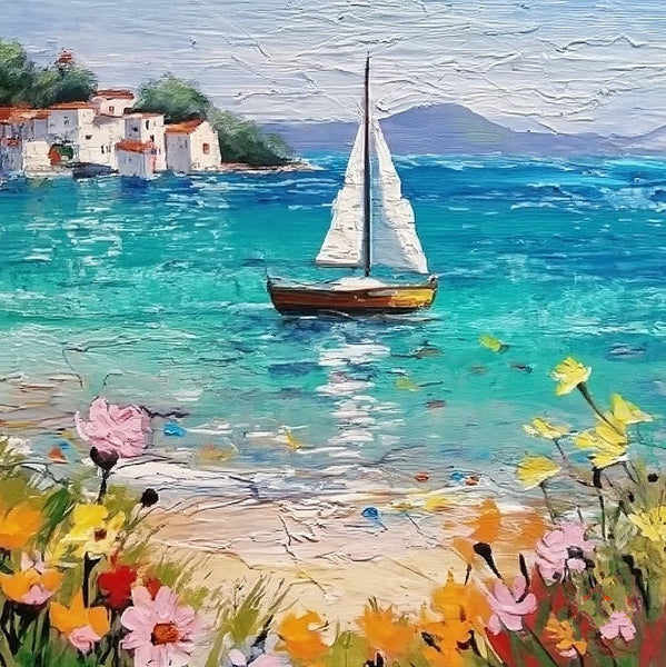 Small Hand Painted Canvas Art, Easy Landscape Painting Ideas, Simple Small Canvas Paintings, Sail Boat Seashore Floral Beach Painting, Original Small Landscape Paintings, Heavy Texture Canvas Art-HomePaintingDecor