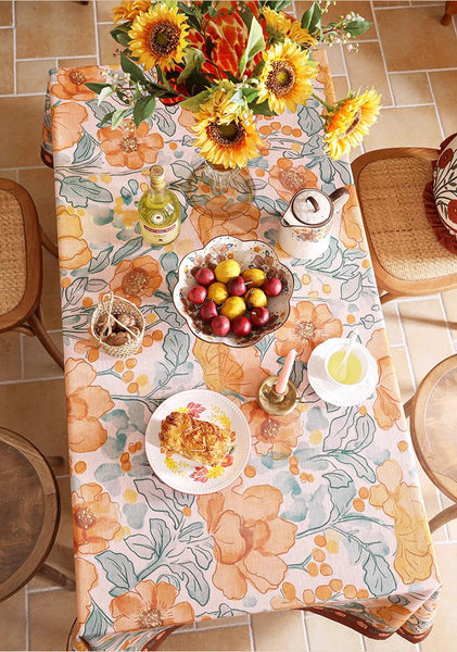 Modern Kitchen Table Cover, Linen Table Cover for Dining Room Table, Spring Flower Tablecloth for Round Table, Simple Modern Rectangle Tablecloth Ideas for Oval Table-HomePaintingDecor