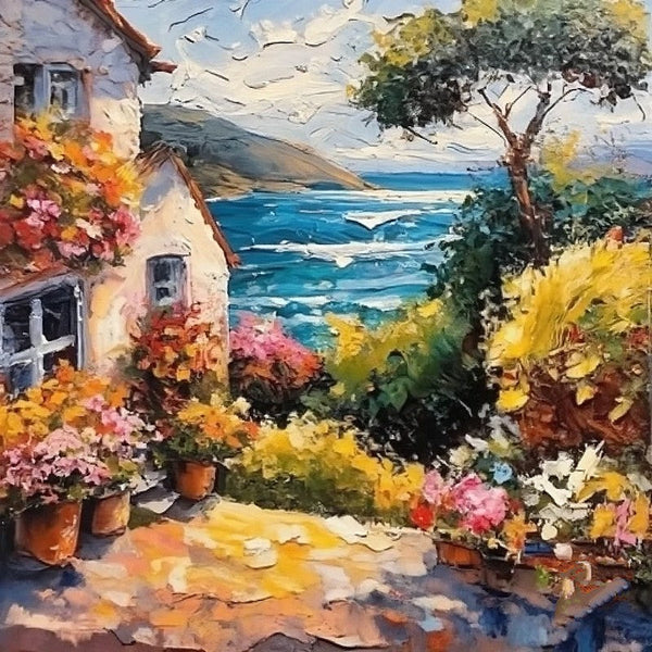 Simple Small Canvas Paintings, Seashore Summer Resort Painting, Original Paintings, Small Landscape Paintings, Heavy Texture Canvas Paintings, Easy Landscape Painting Ideas-HomePaintingDecor