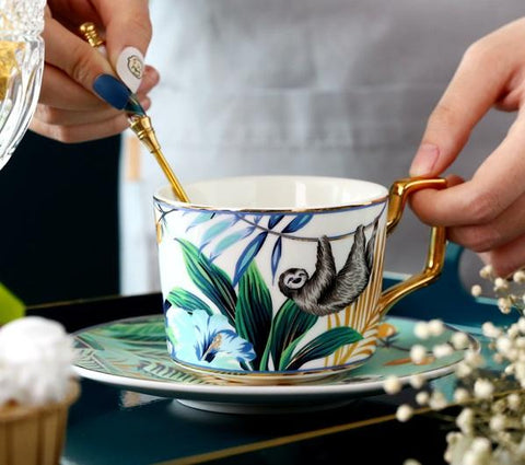 Elegant Porcelain Coffee Cups, Coffee Cups with Gold Trim and Gift Box, Tea Cups and Saucers, Jungle Animal Porcelain Coffee Cups-HomePaintingDecor
