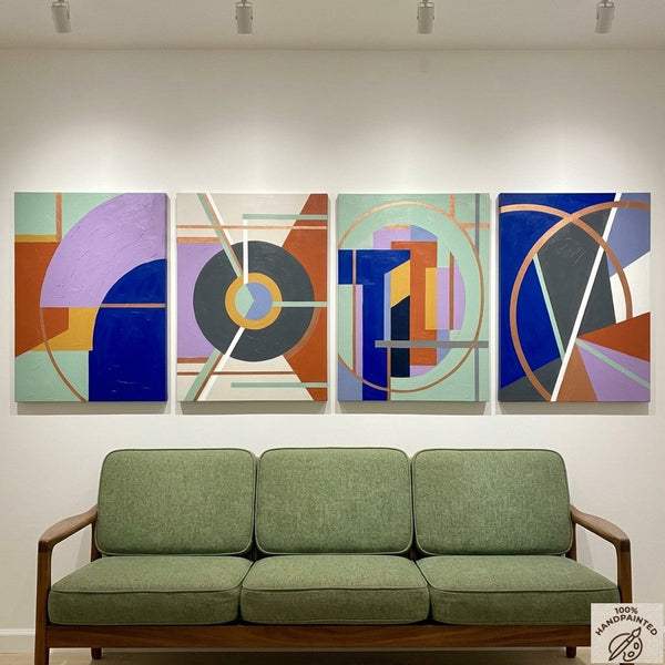 Large Absract Paintings for Modern Living Room, Contemporary Geometric Art, Multi Panel Group Artwork-HomePaintingDecor