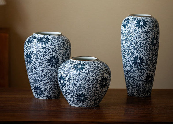 Centerpiece on Dining Table, Large Blue Flower Vase on Table, Vintage Bouquet Flower Vases, Handmade Porcelain Flower Vases Urn, Water Holding Flower Vases-HomePaintingDecor