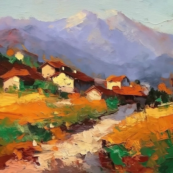 Original Small Landscape Paintings, Hand Painted Canvas Art, Easy Landscape Painting Ideas, Mountain Village Painting, Simple Small Canvas Paintings-HomePaintingDecor