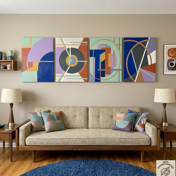 Large Absract Paintings for Modern Living Room, Contemporary Geometric Art, Multi Panel Group Artwork-HomePaintingDecor
